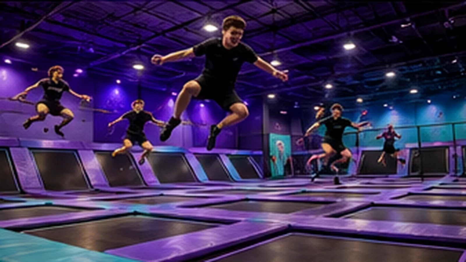 A jumper mid-dunk over the main trampoline court at Arcadium