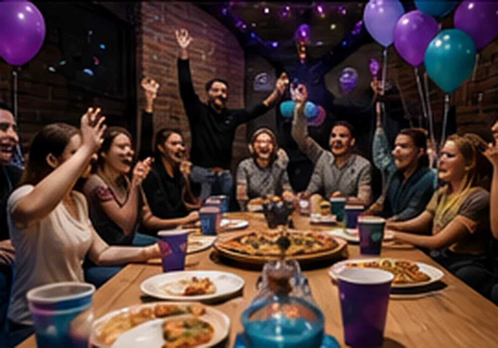 A group celebrating in an Arcadium party room